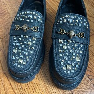 LIKE NEW - Kurt Geiger Black Studded leather Loafers with Gold Accents